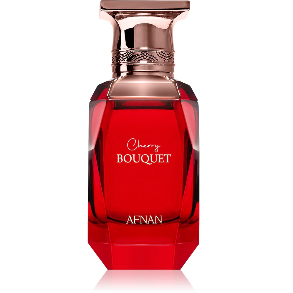Frasco de perfume vermelho Cherry Bouquet Afnan com tampa metálica