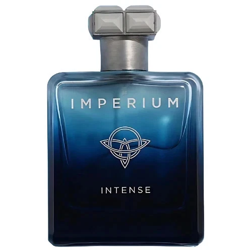 Frasco de perfume azul com tampa cinza e texto IMPERIUM INTENSE