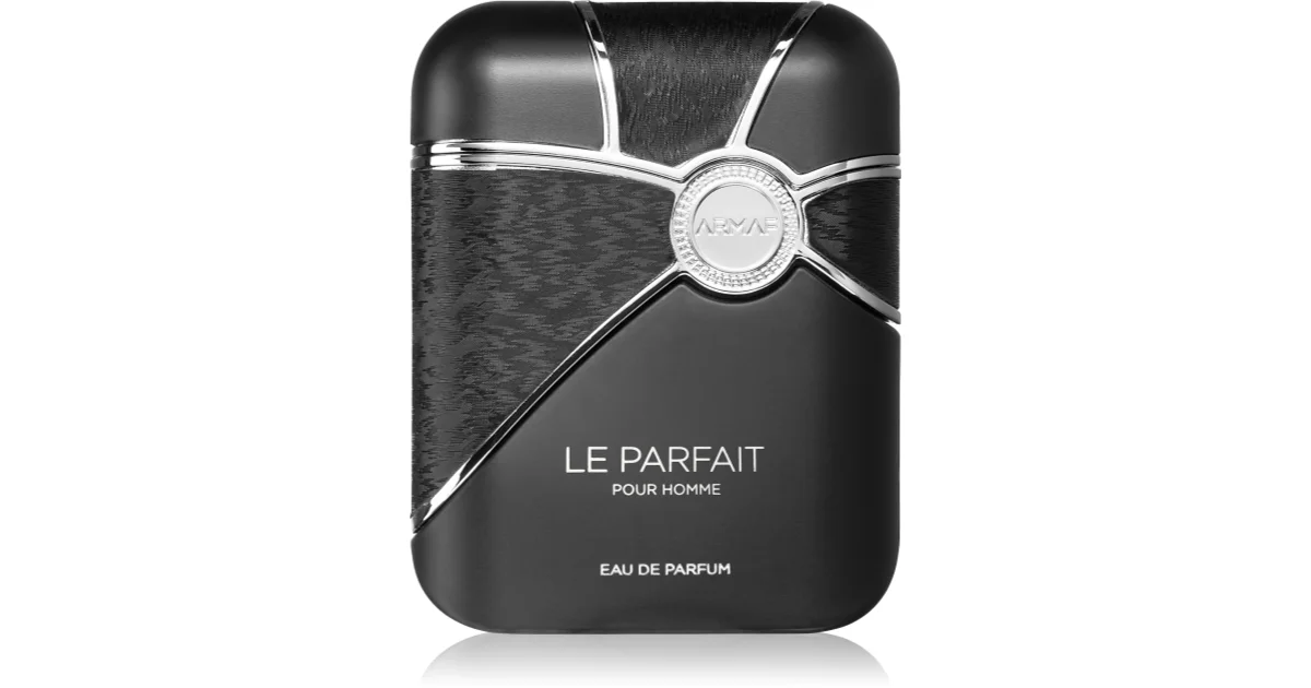 Frasco preto de perfume Le Parfait pour Homme com detalhes prateados e texto branco
