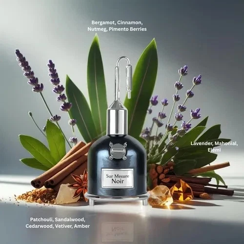 Frasco de perfume preto com rótulo rodeado por especiarias e plantas aromáticas