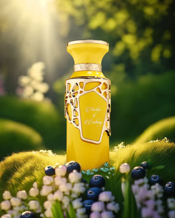 Frasco de perfume amarelo com detalhes dourados e texto, rodeado de flores e frutas em cenário natural