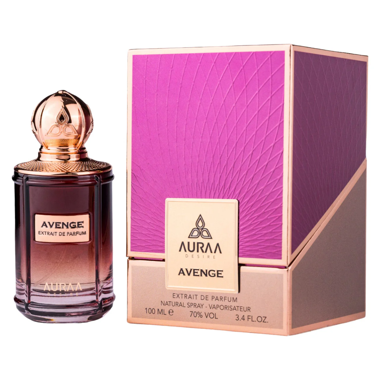 Frasco e caixa de perfume AVENGE EXTRACT DE PARFUM AURAA DESIRE