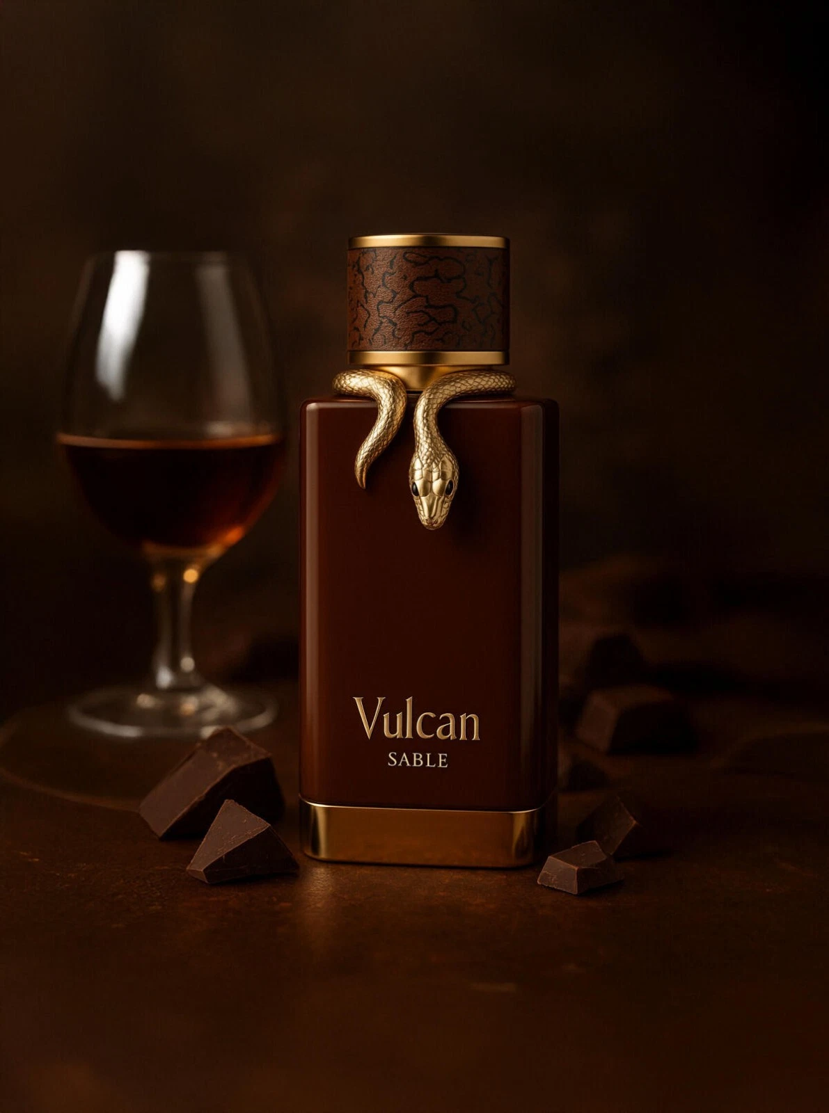 Frasco de fragrância Vulcan Sable com detalhe de cobra dourada e pedaços de chocolate