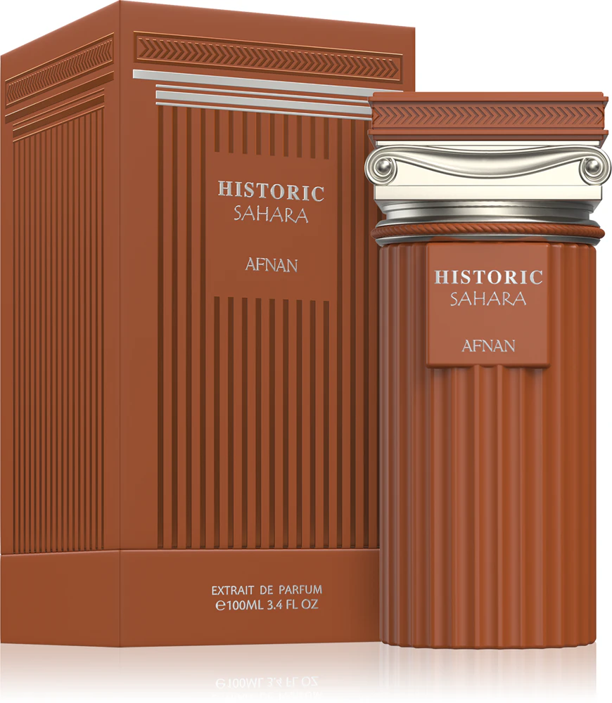 Perfume Historic Sahara Afnan em embalagem e frasco castanhos com relevo vertical e texto visível