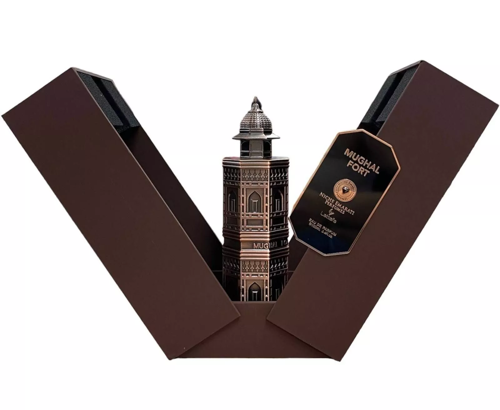 Frasco de perfume Mughal Fort com embalagem marrom escura aberta e vidro decorado