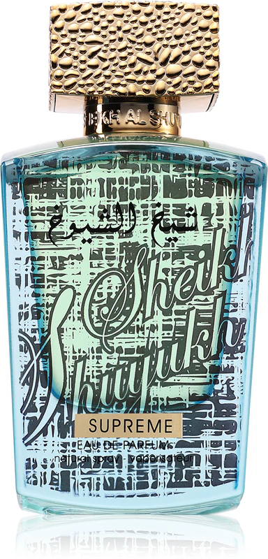 Frasco de perfume Sheikh Shuyukh Supreme azul com tampa dourada texturizada.