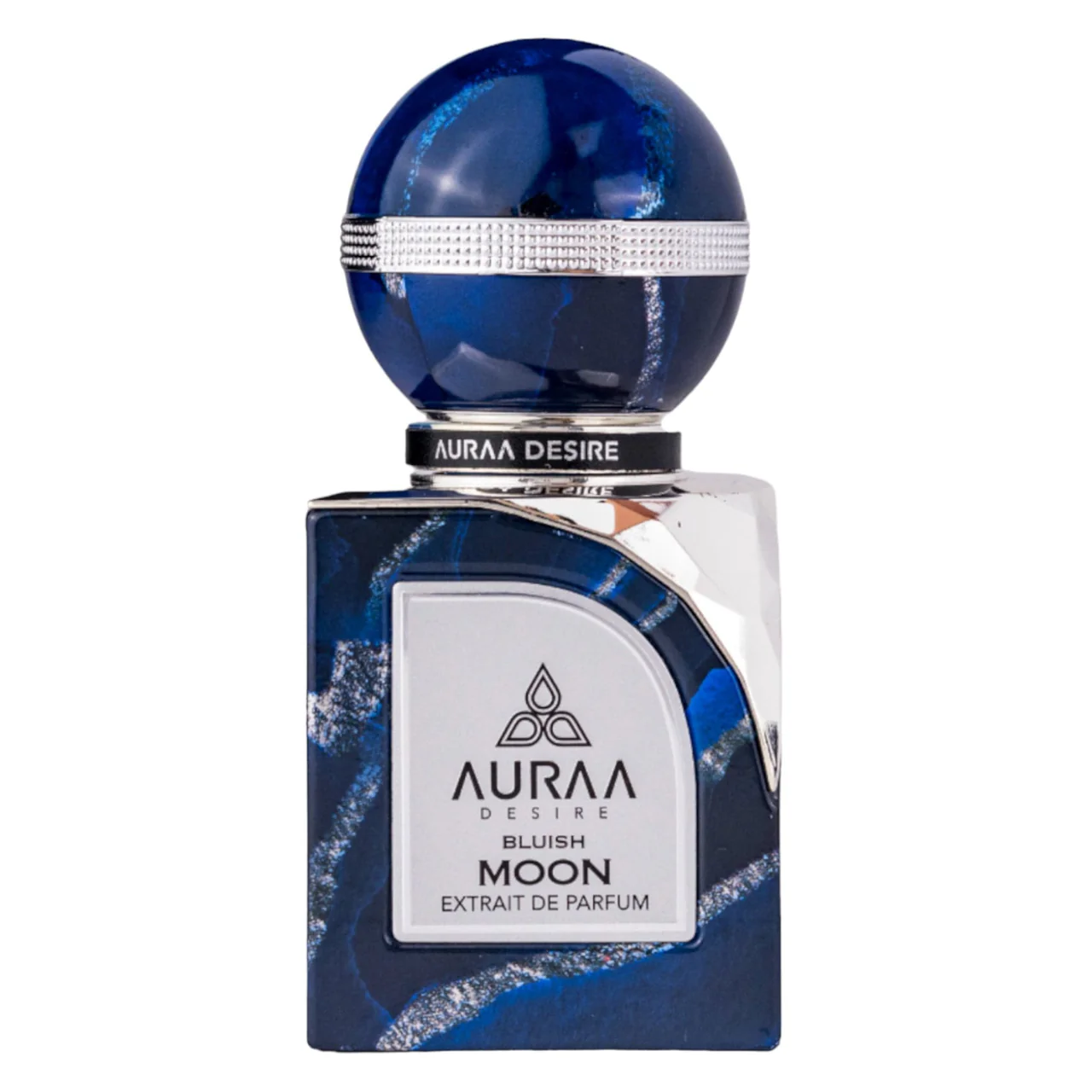 Frasco de perfume AURAA DESIRE BLUISH MOON azul e prateado