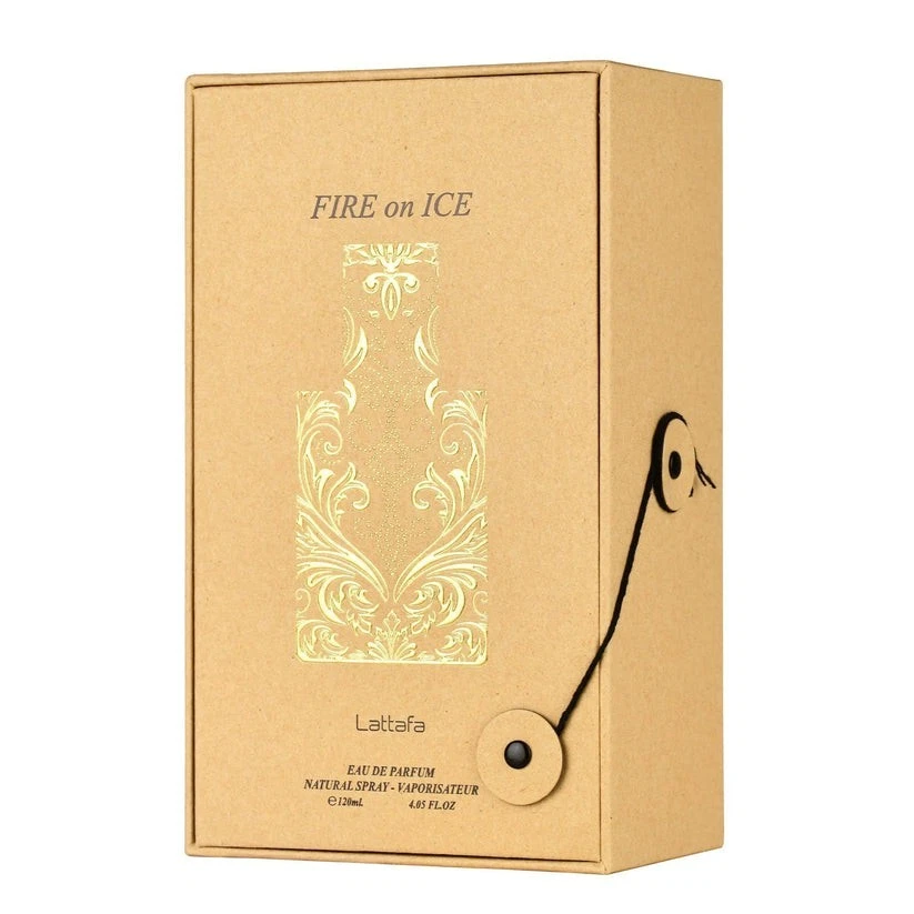 Caixa castanha de perfume Fire on Ice da Lattafa com ornamento dourado e fecho de cordão preto