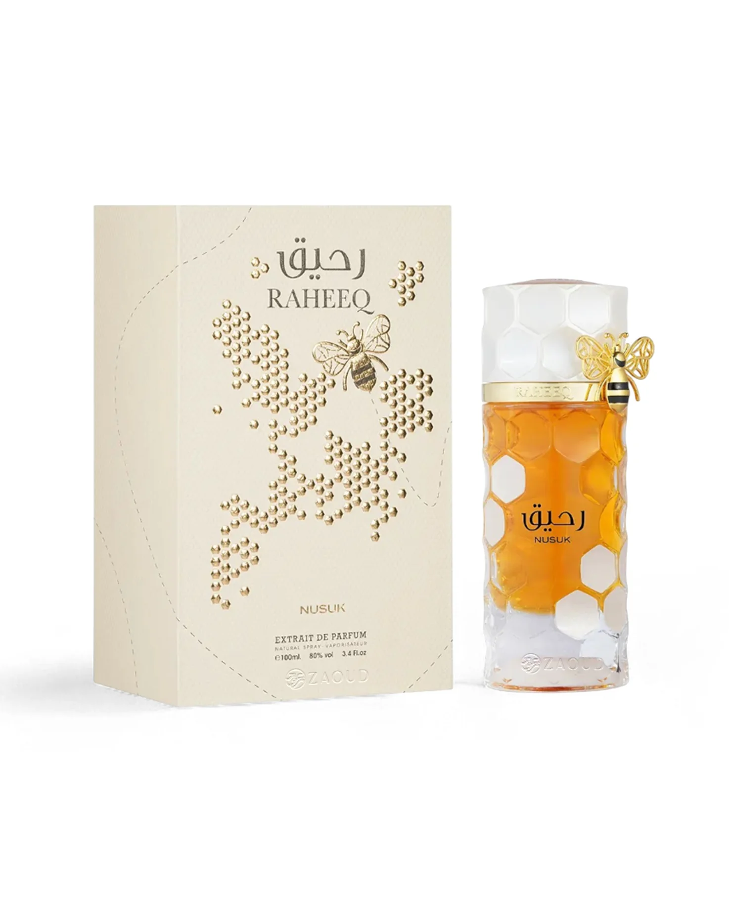 Perfume Raheeq NUSUK com embalagem creme e frasco decorado com favos de mel e abelha dourada