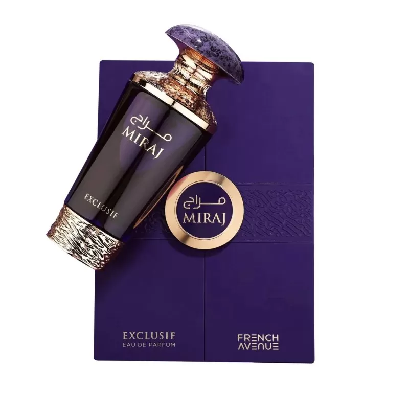 Frasco de perfume roxo escuro e embalagem roxa com texto