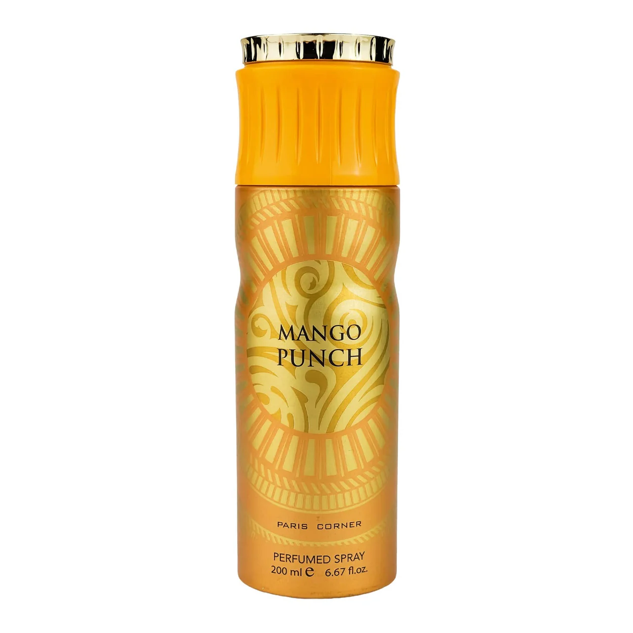 Frasco amarelo-dourado de spray perfumado Mango Punch com tampa amarela vibrante