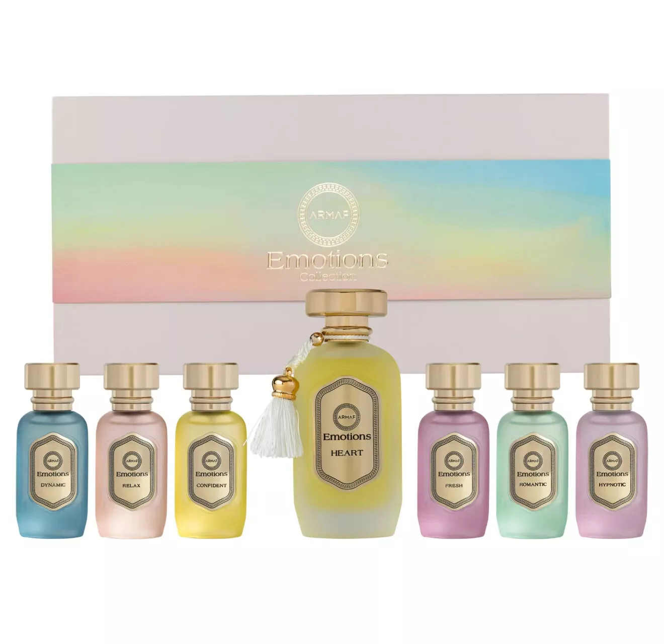 Conjunto de perfumes Emotions em vidro fosco com caixa colorida