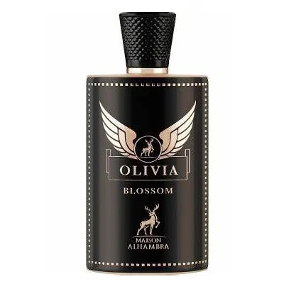 Frasco de perfume preto com tampa texturizada e rótulo com texto OLIVIA BLOSSOM MAISON ALHAMBRA