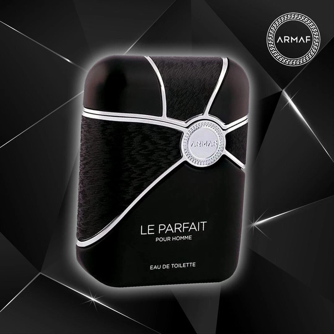 Frasco preto de eau de toilette Armaf Le Parfait com detalhes prateados e textura semelhante a pêlo