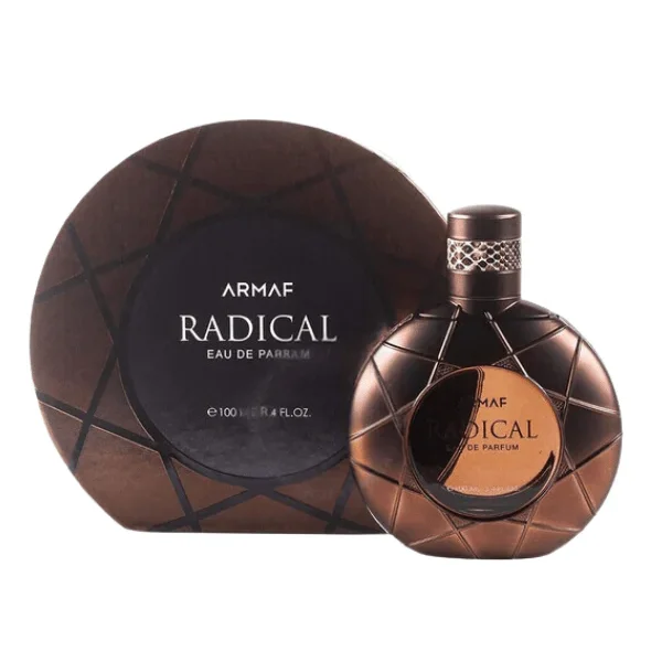 Frasco e embalagem de perfume Armaf Radical castanho com padrão xadrez