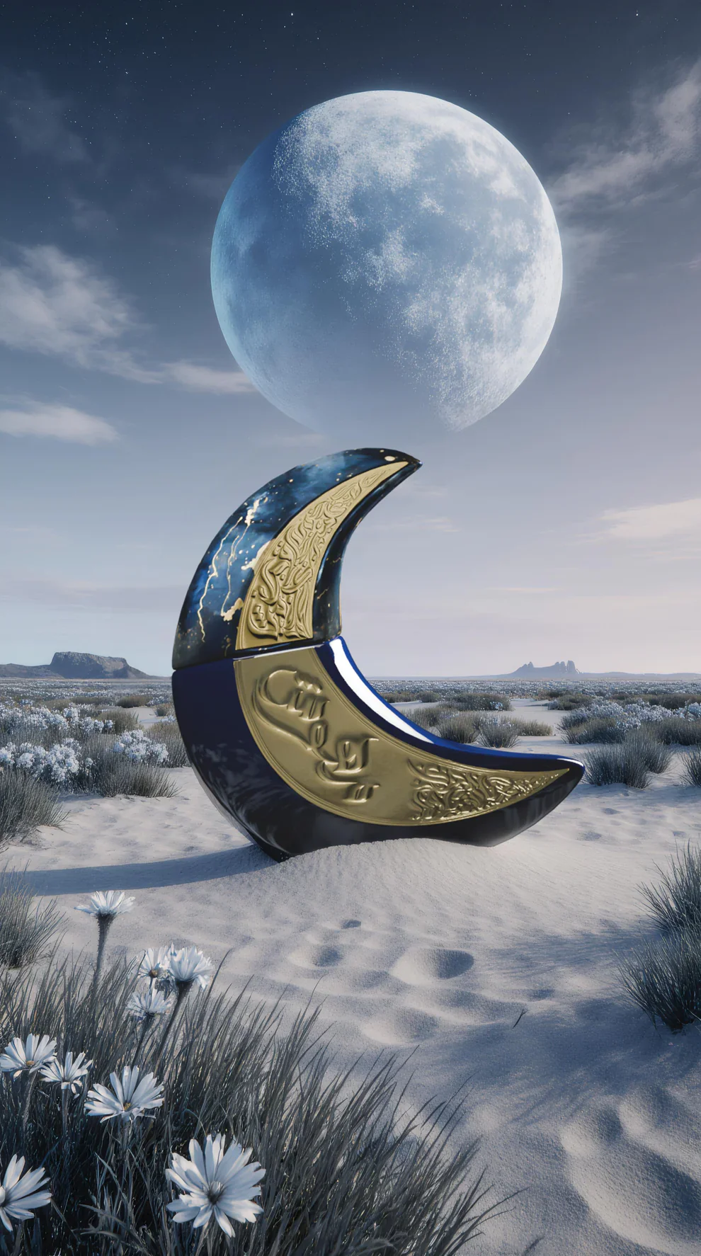 Objeto decorativo em forma de lua crescente azul e dourada em paisagem árida com lua cheia ao fundo