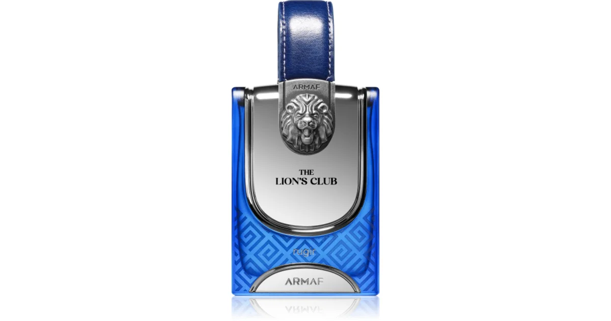 Frasco azul de perfume com tampa prateada e relevo de cabeça de leão