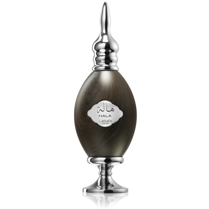 Frasco de perfume escuro com tampa prateada e rótulo HALA Lattafa