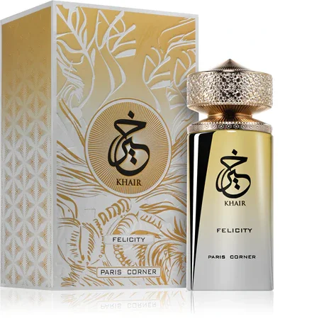 Frasco de perfume KHAIR FELICITY PARIS CORNER com caixa dourada e branca decorada.