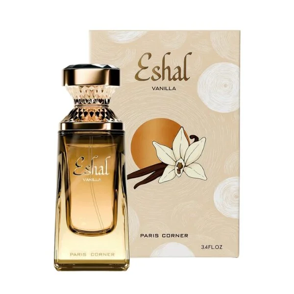 Frasco de perfume Eshal Vanilla com embalagem bege e decoração de baunilha.