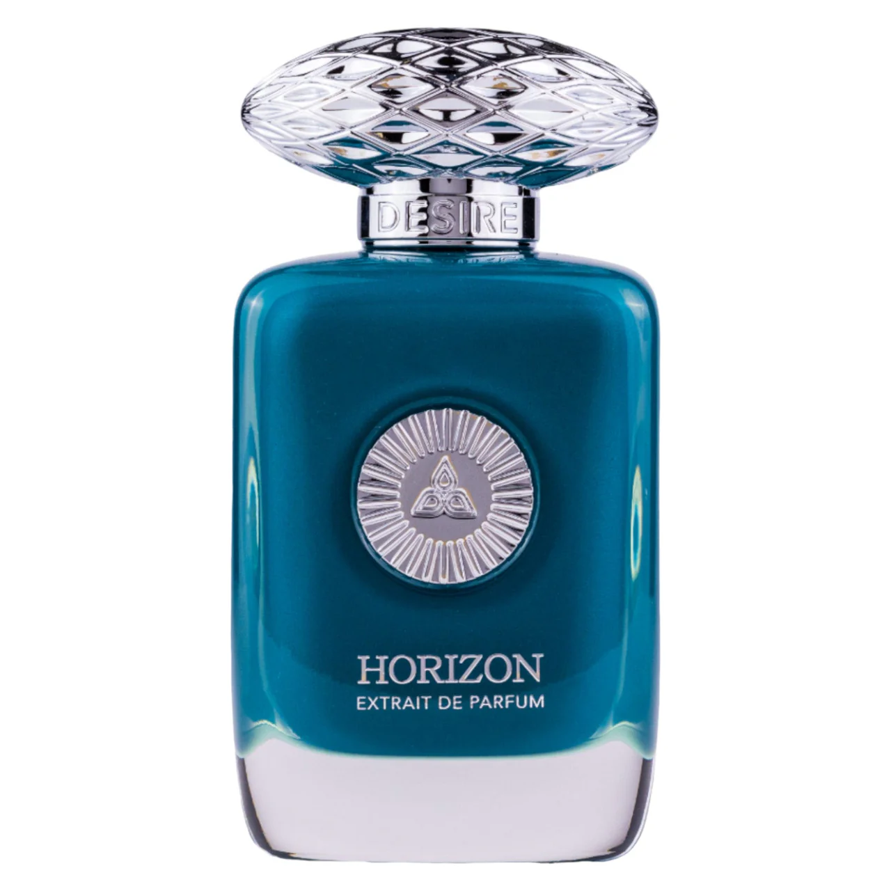 Frasco azul de perfume com tampa prateada e texto Horizon Extrait de Parfum