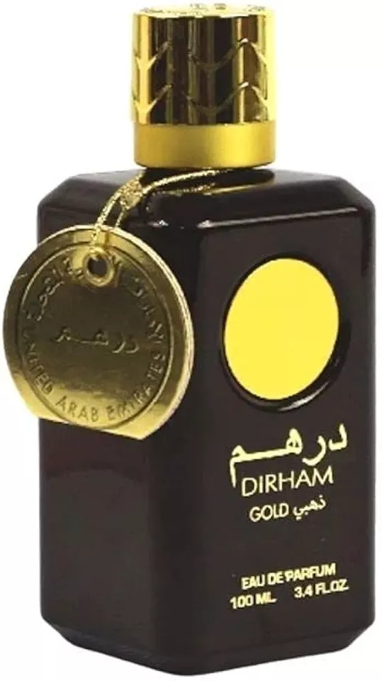 Frasco de perfume preto com texto e detalhes dourados