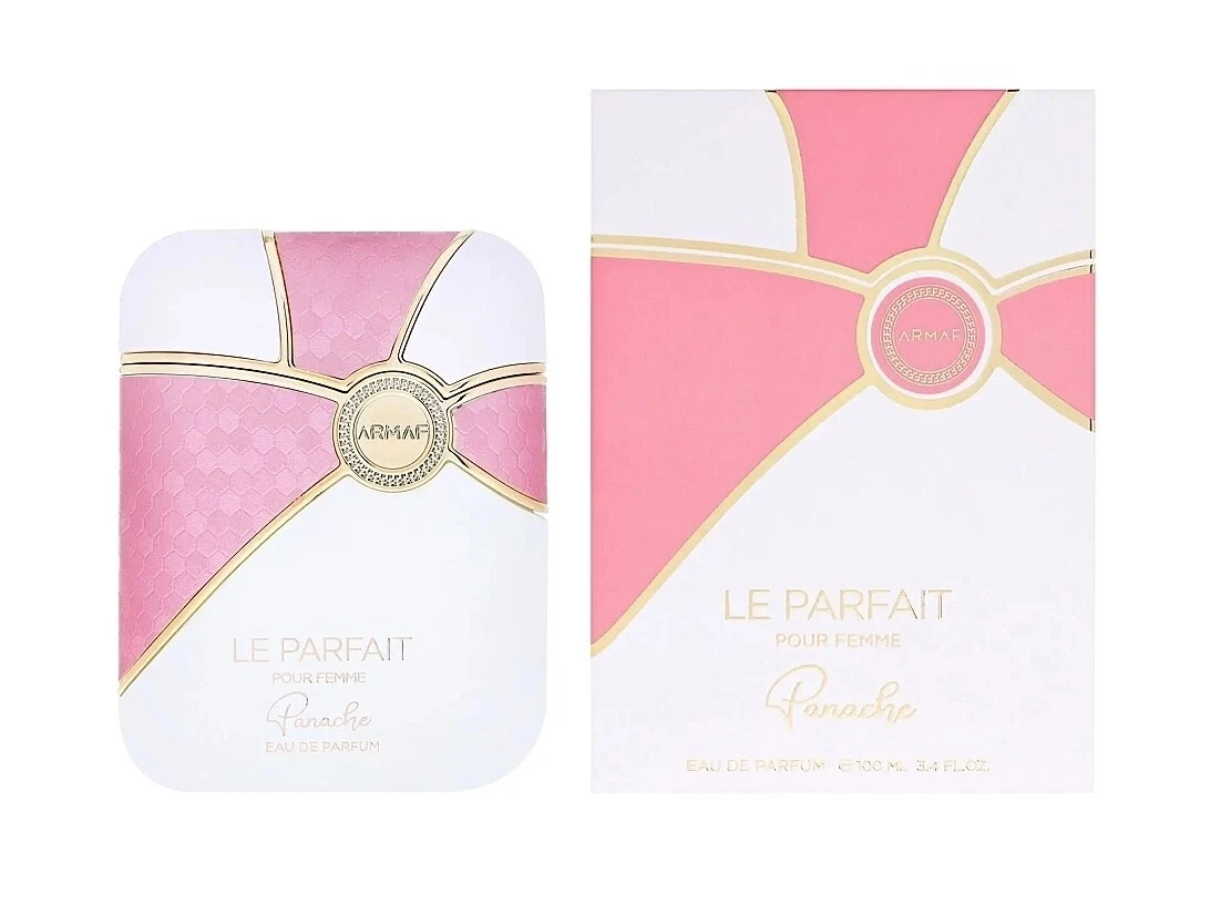 Frasco e caixa de perfume Armaf Le Parfait branco e rosa com detalhes dourados