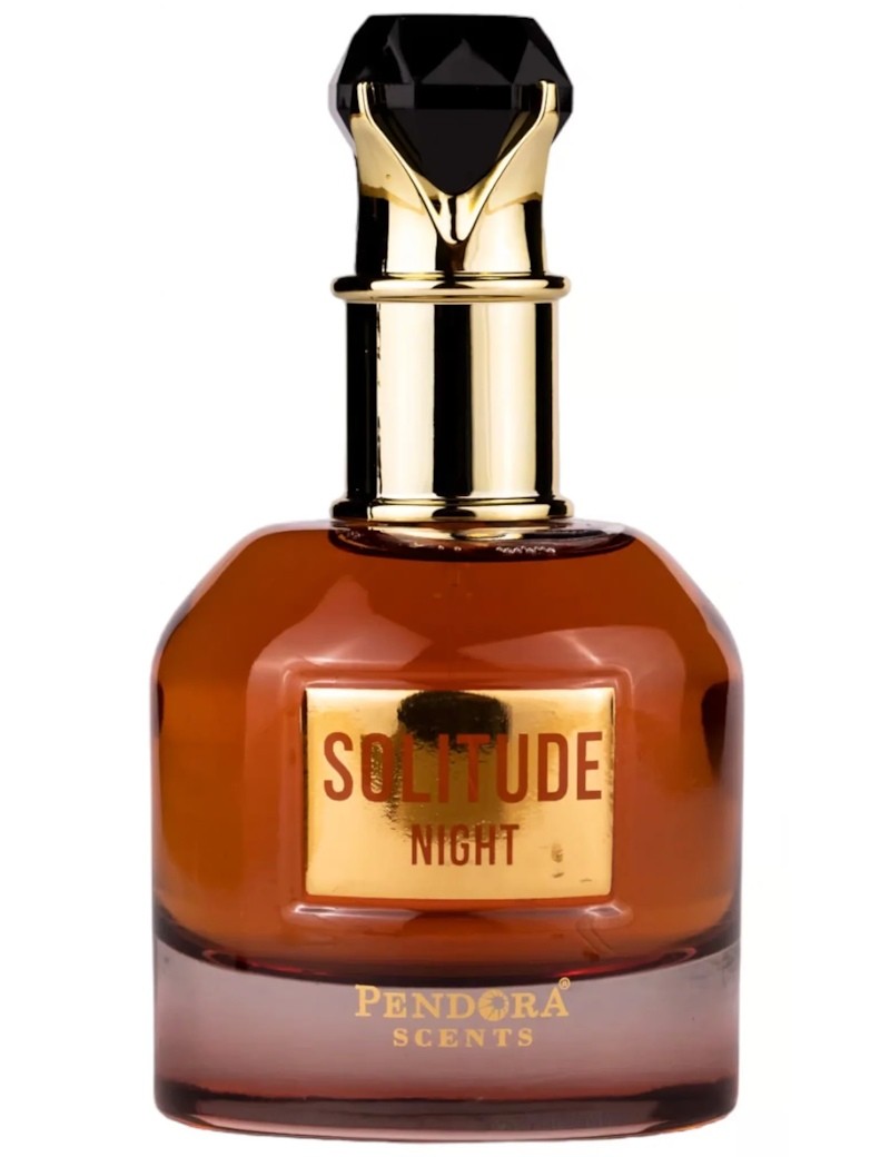Frasco de perfume castanho com tampa preta e dourada e texto SOLITUDE NIGHT