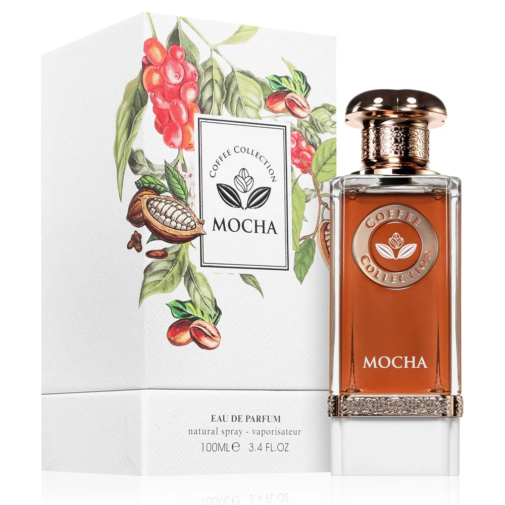 Frasco de perfume Mocha com embalagem decorada com frutos de café