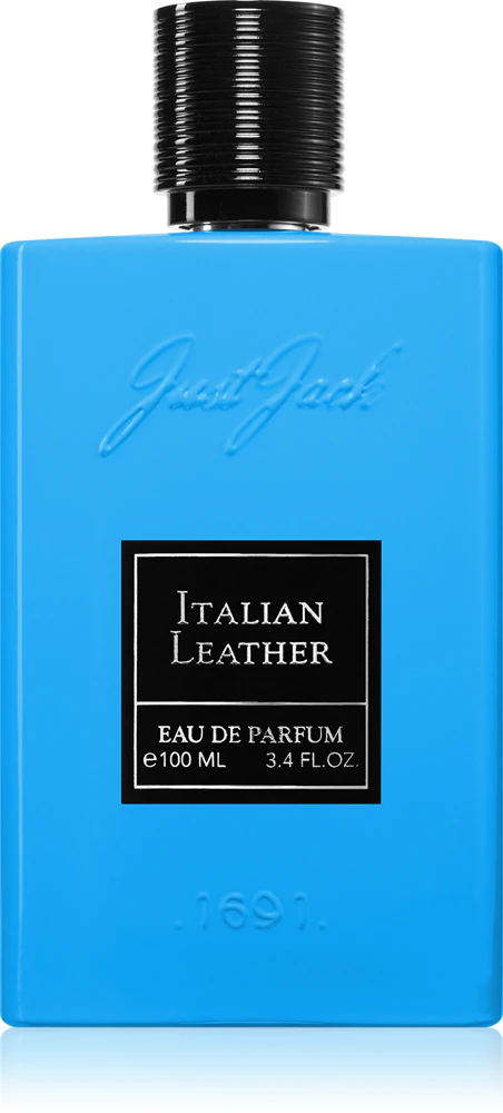 Frasco azul fluorescente de perfume Just Jack com tampa preta e rótulo preto.