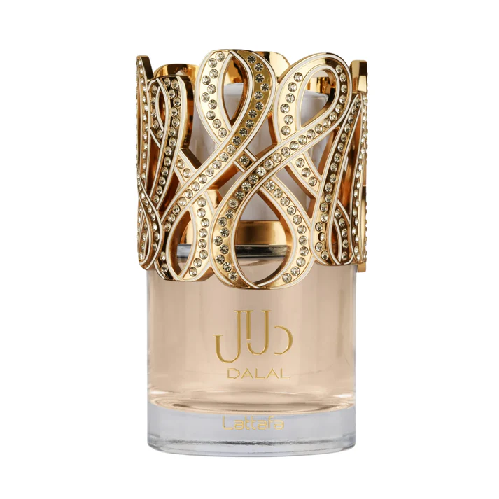 Frasco de perfume com tampa dourada decorada com strass e texto dourado
