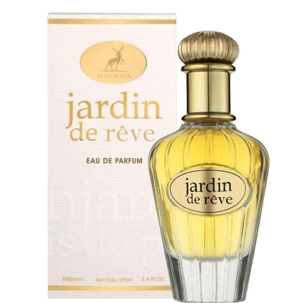 Frasco de perfume Jardim de Rêve com caixa ao fundo