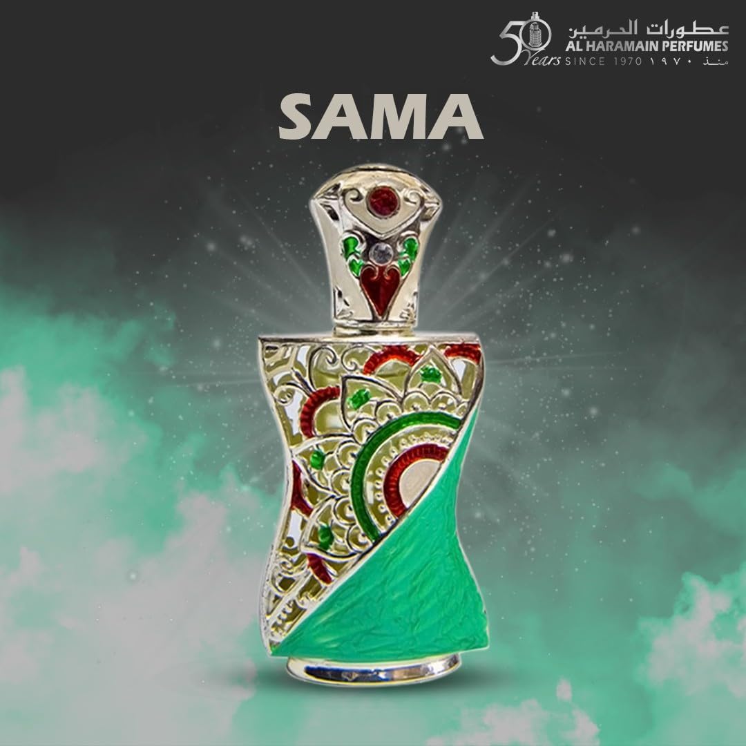 Frasco decorativo de perfume AL HARAMAIN PERFUMES com design detalhado em dourado, vermelho e verde, e metade verde texturada