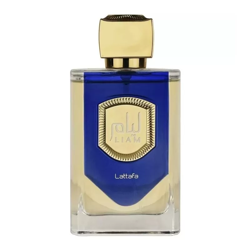Frasco de perfume azul e dourado da marca Lattafa