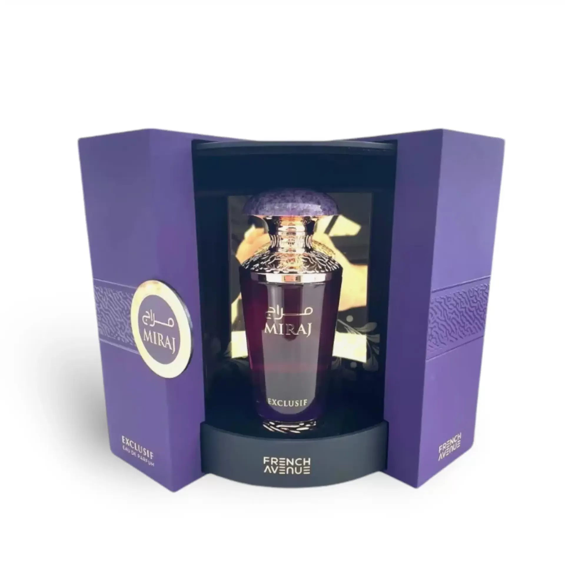 Frasco de perfume MIRAJ EXCLUSIVE em vidro roxo com tampa dourada em caixa roxa