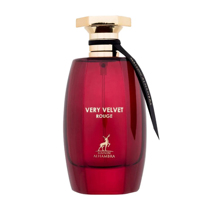 Frasco de perfume vermelho Very Velvet Rouge com tampa dourada