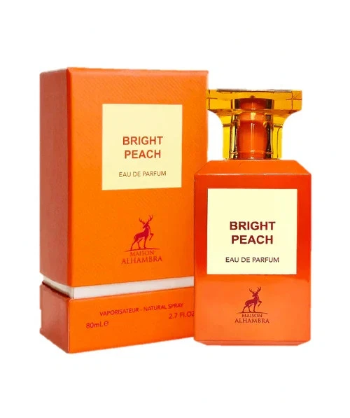 Frasco de perfume laranja Bright Peach ao lado da sua caixa laranja