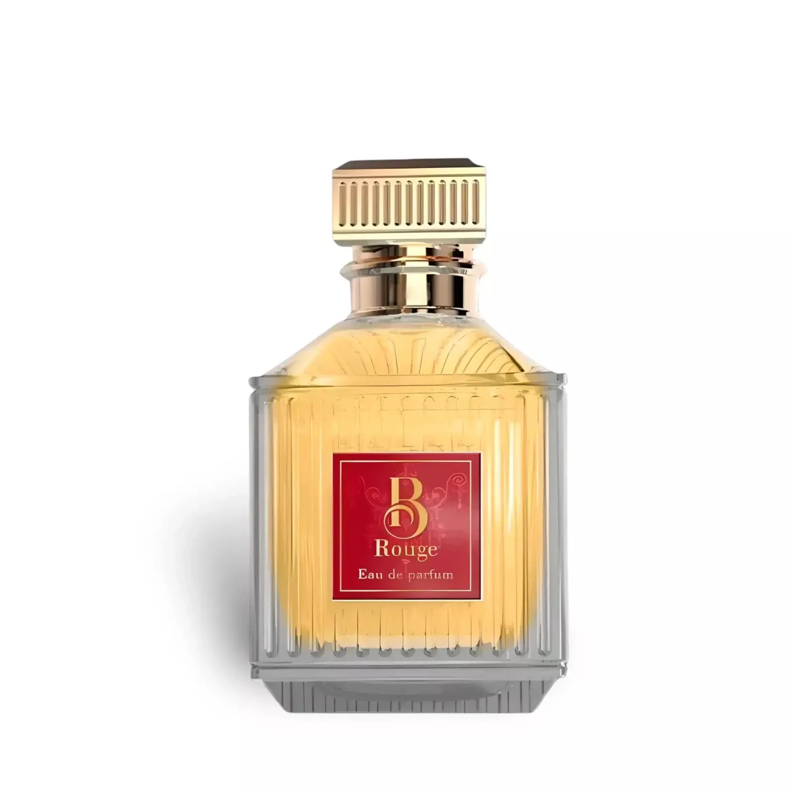 Frasco de perfume B Rouge com líquido âmbar e tampa dourada