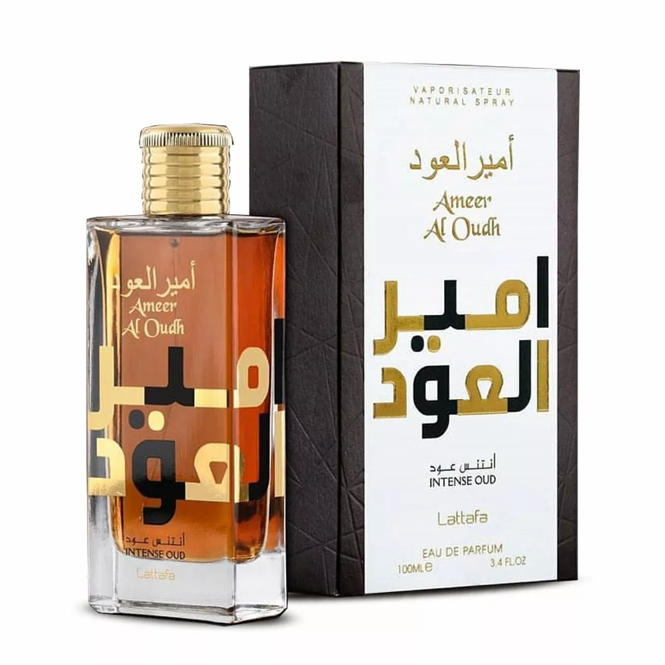 Perfume Ameer Al Oudh Intense Oud Lattafa garrafa vidro ambar caixa preta branca