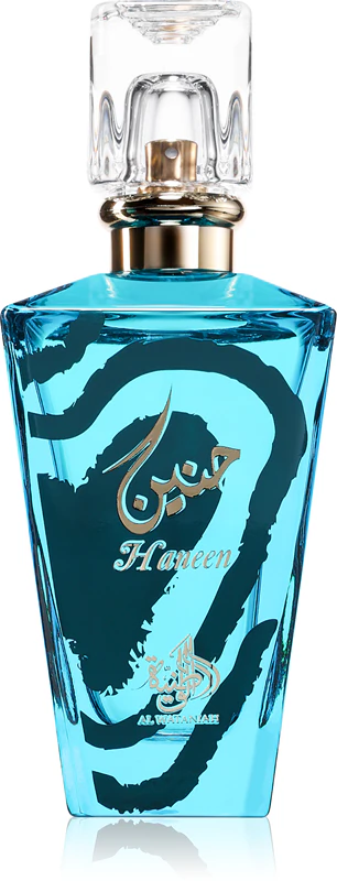 Frasco de perfume azul claro com tampa transparente e texto dourado