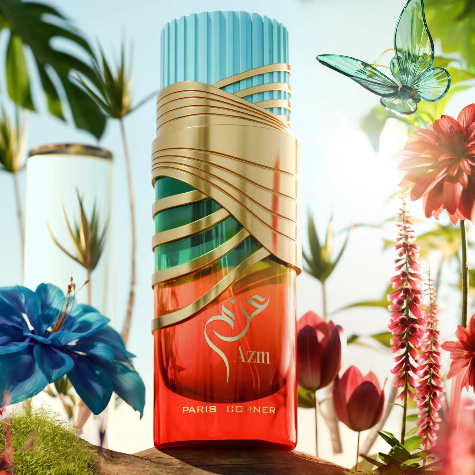 Frasco de perfume colorido com detalhes dourados e flores ao redor