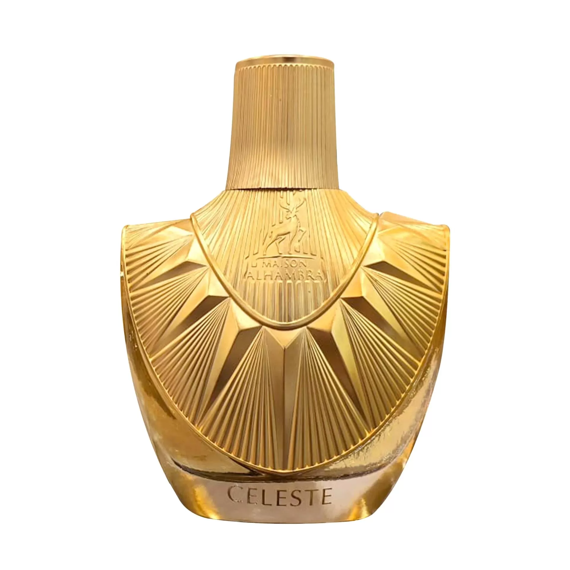 Frasco de perfume dourado com padrão geométrico e texto 'LA MARCA ALFA ROMA' e 'CELESTE'