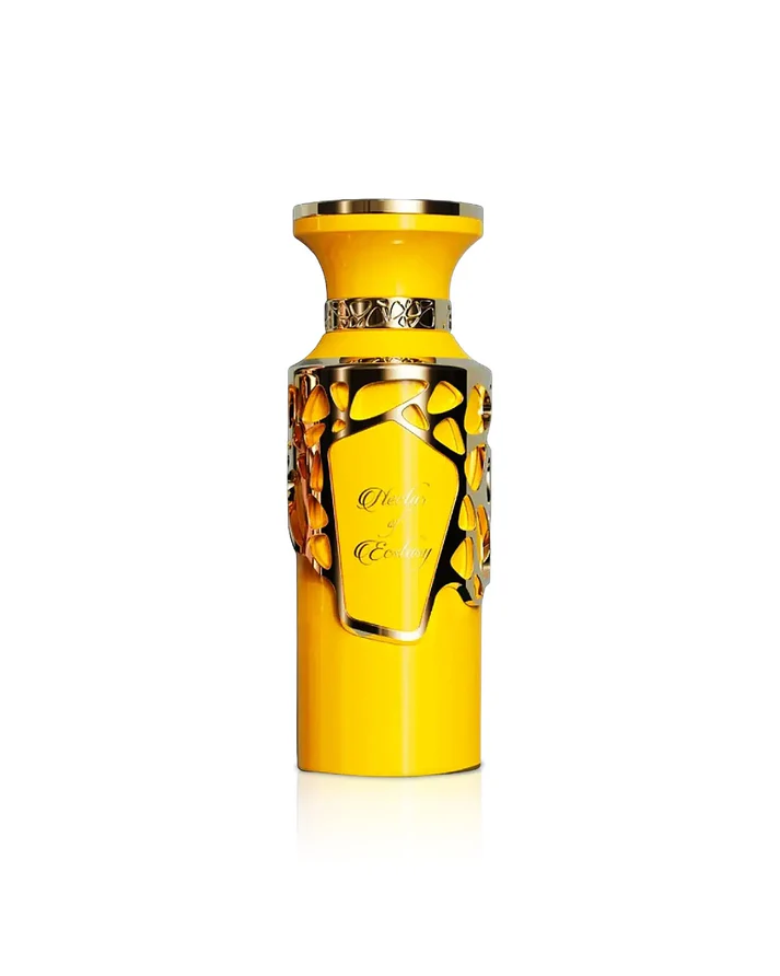 Frasco amarelo de perfume com detalhes dourados