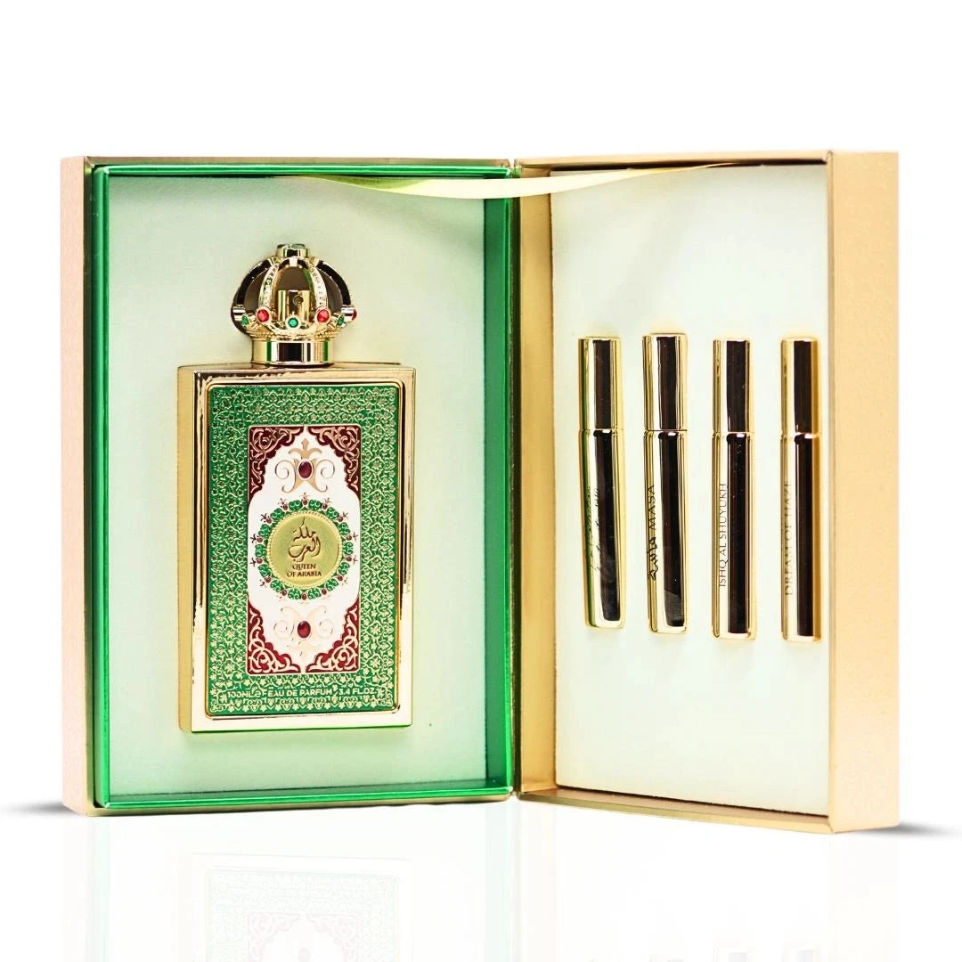 Conjunto de perfume com frasco principal decorado e quatro frascos pequenos em caixa dourada