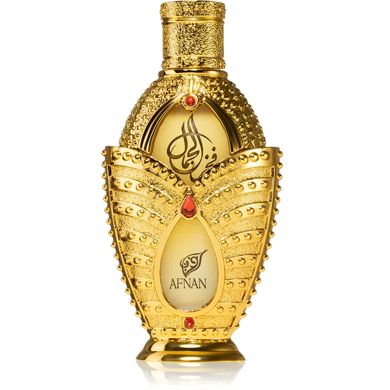 Frasco de perfume dourado com detalhes vermelhos e texto AFNAN