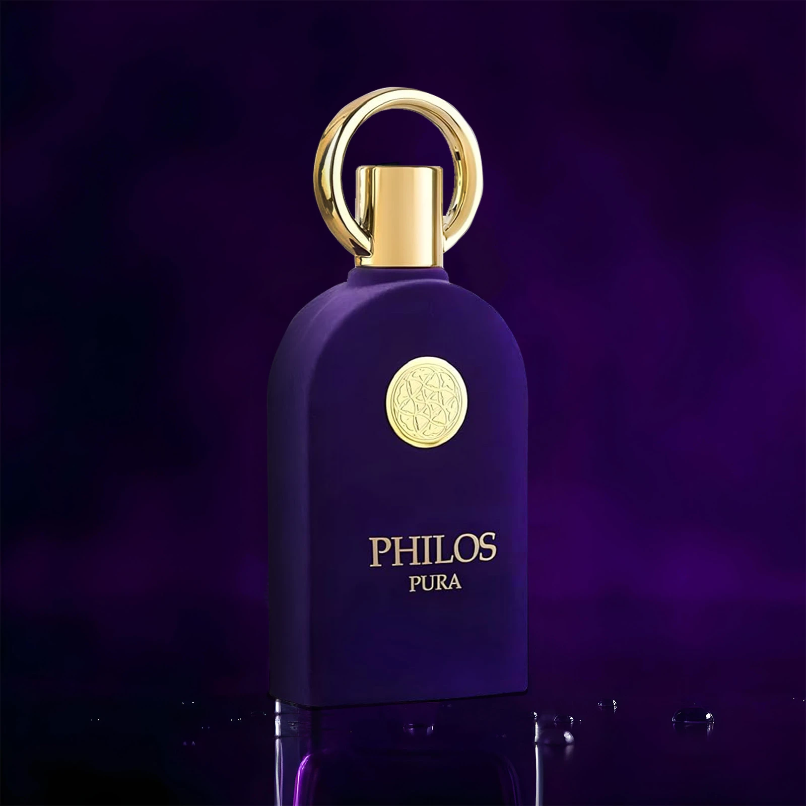 Frasco roxo de perfume PHILOS PURA com detalhes dourados