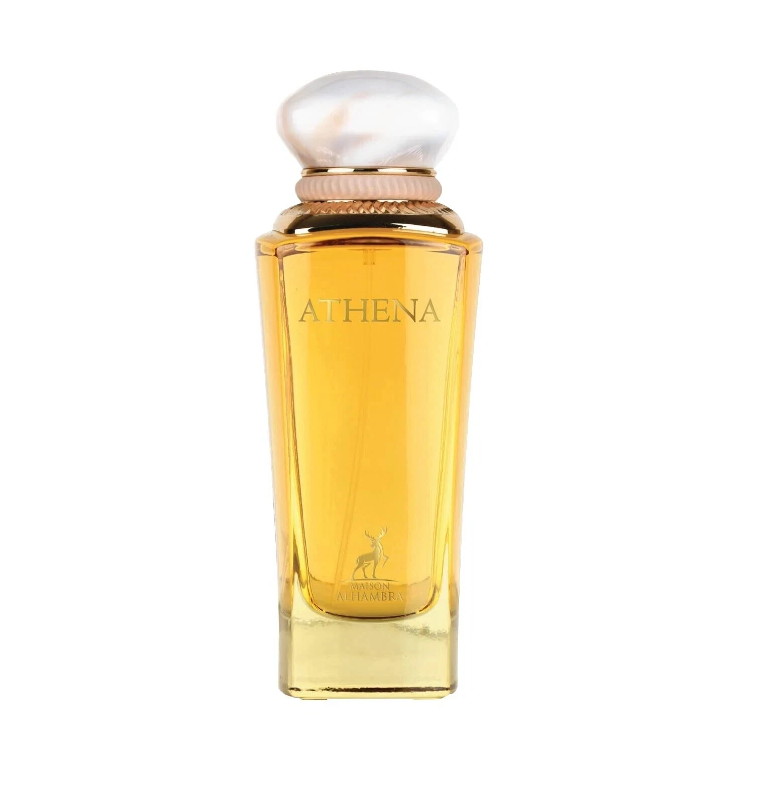 Frasco de perfume ATHENA em vidro transparente com líquido âmbar e tampa branca oval