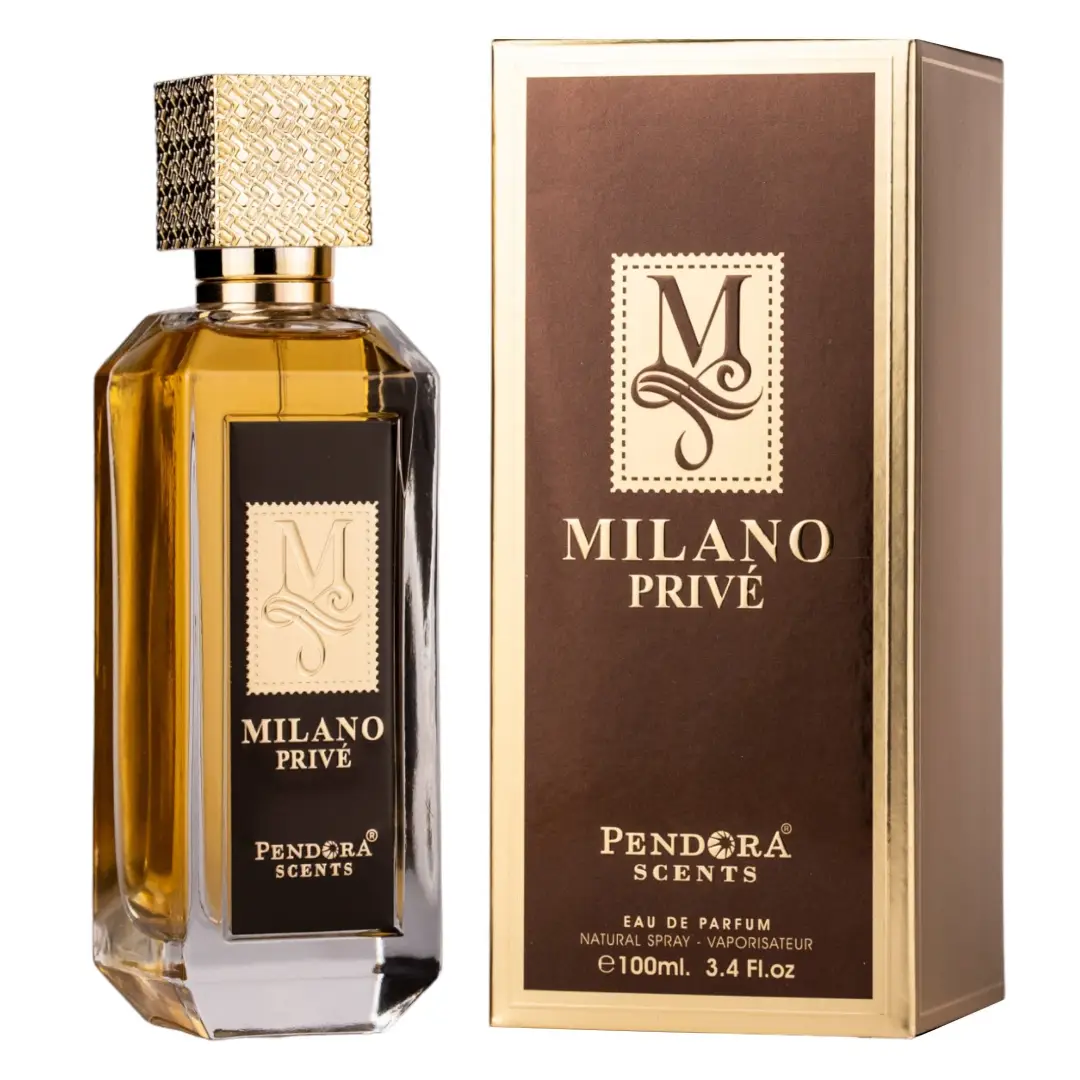 Frasco de perfume Milano Privé e caixa marrom com dourado.