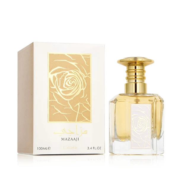 Frasco de perfume com tampa dourada e caixa branca com desenho de rosa dourada.