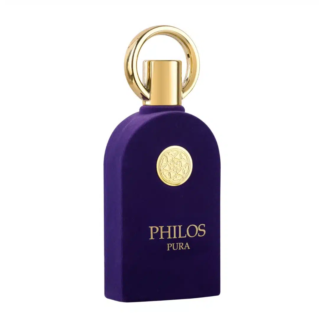 Frasco de perfume roxo com tampo e detalhes dourados e texto PHILOS PURA